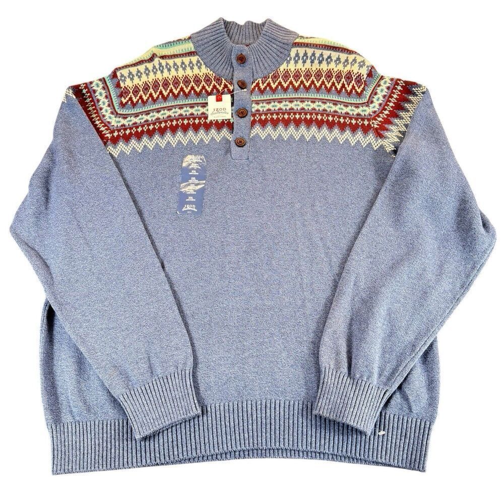 IZOD Sweater XXL Blue Fair Isle Nordic Geometric Print Mock Neck Button Pullover